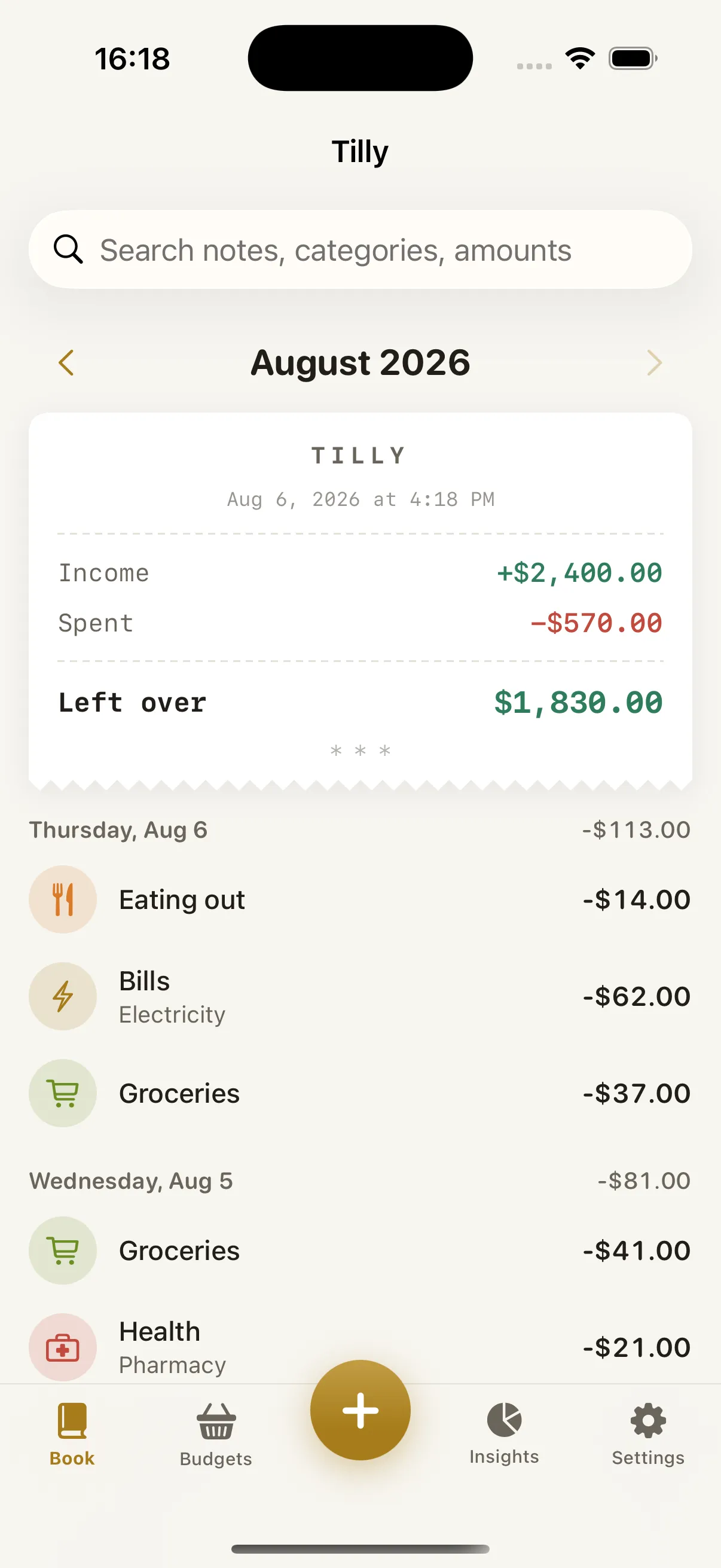 The Tilly book screen: a printed receipt showing income, spending and what is left this month, above the day-by-day ledger.