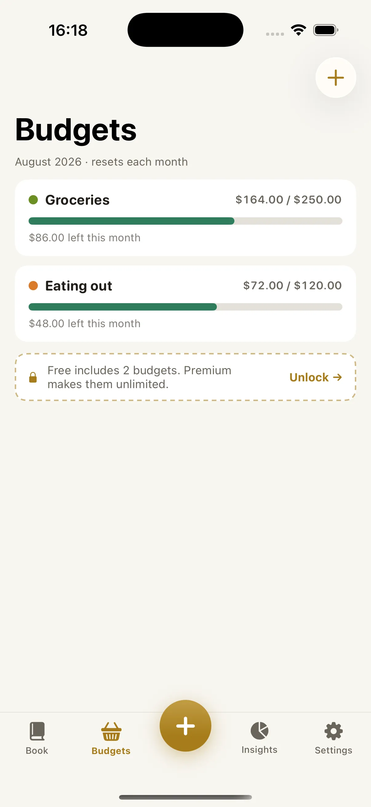 The budgets screen: two category budgets with progress bars and the amount left this month.