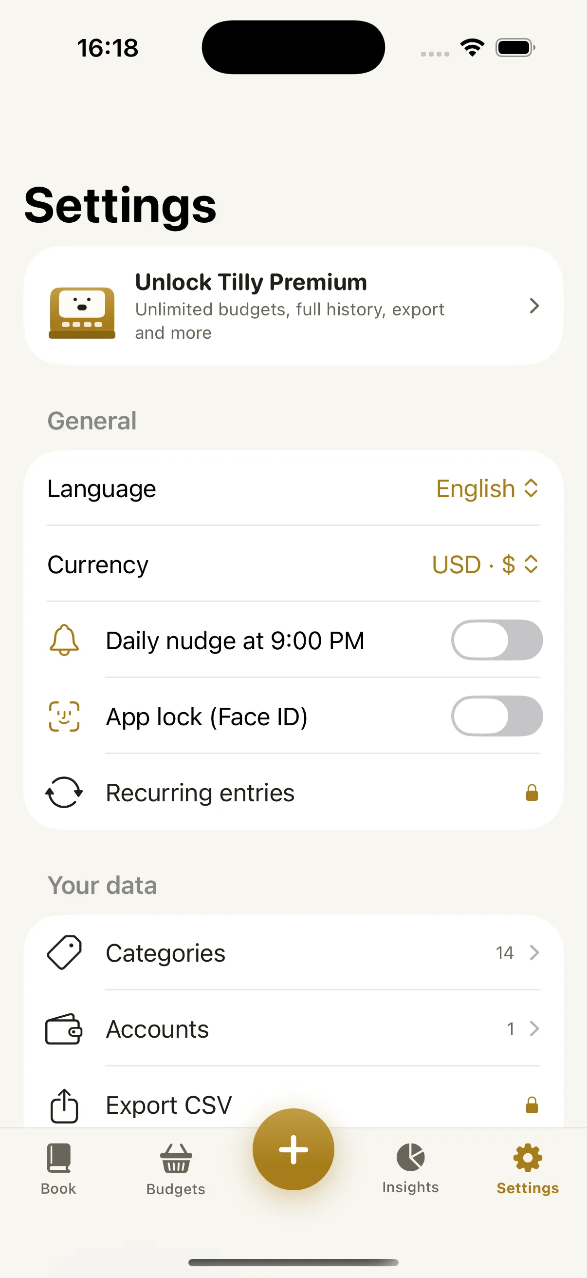 The settings screen showing the language and currency pickers.